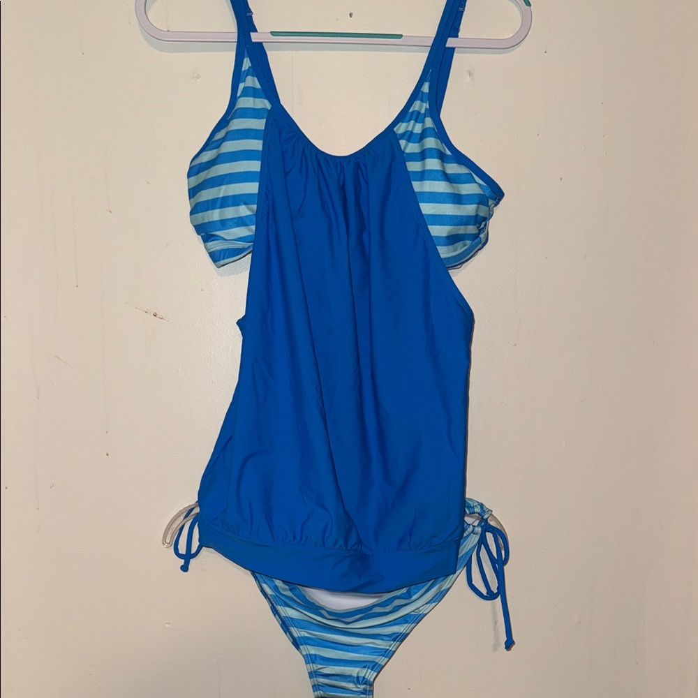 Blue Striped Two-Piece Tankini Swim Set